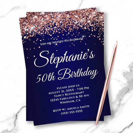 Funkelnd Rose Gold Glitzer Navy Gradient Einladung