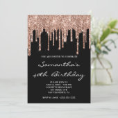 Funkelnd Rose Gold Glitzer Tropfen Black Birthday Einladung (Stehend Vorderseite)