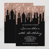 Funkelnd Rose Gold Glitzer Tropfen Black Birthday Einladung (Vorne/Hinten)