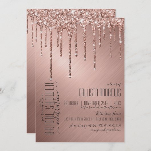 Funkelnd Rose Gold Glitzer Tropfen Brautparty Einladung (Vorne/Hinten)