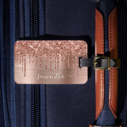 Funkelnd Rose Gold Glitzer Tropfen Girly Signature Gepäckanhänger (Vorderseite Insitu 4)
