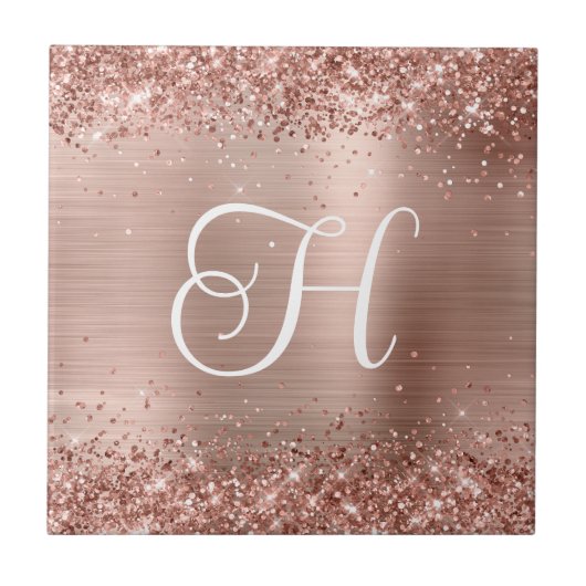 Funkelnd Rose Gold Glitzer und Fohlen Monogramm Fliese (Vorderseite)