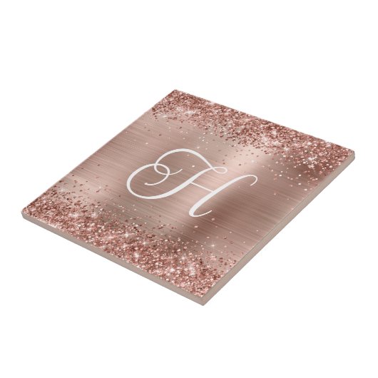 Funkelnd Rose Gold Glitzer und Fohlen Monogramm Fliese (Seite)