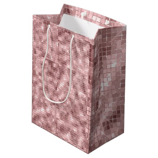 Funkelnd Rose Gold Pink Luxus Sparkle Girl Party Mittlere Geschenktüte (Rückseite Schrägansicht)
