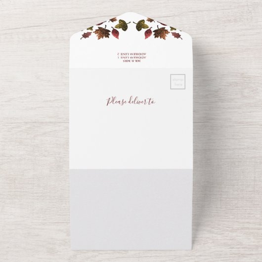 Funkelnd Rot-Braungold-Blätter Herbst Hochzeit All In One Einladung (Außenbereich)