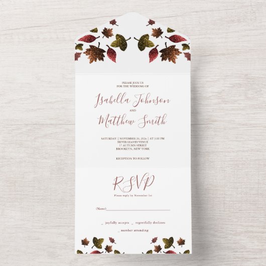 Funkelnd Rot-Braungold-Blätter Herbst Hochzeit All In One Einladung (Innen Boden)