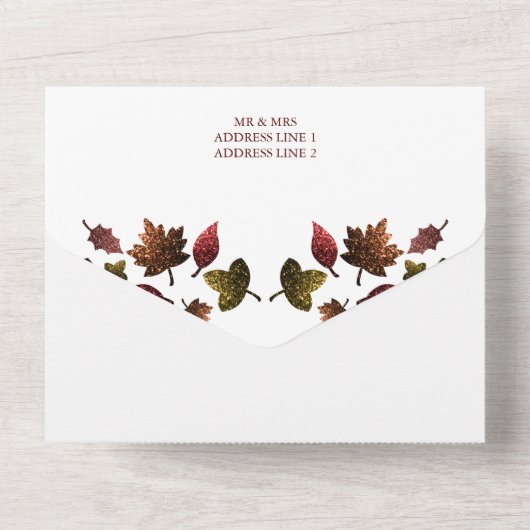 Funkelnd Rot-Braungold-Blätter Herbst Hochzeit All In One Einladung (Rückseite)