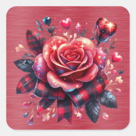 Funkelnd Rote Rose Kariert Ribbon Quadratischer Aufkleber
