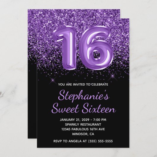 Funkelnd Royal Lila Glitzer Black Number 16 Einladung (Vorne/Hinten)