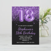 Funkelnd Royal Lila Glitzer Black Number 18 Einladung (Stehend Vorderseite)