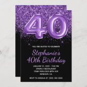 Funkelnd Royal Lila Glitzer Black Number 40 Einladung (Vorne/Hinten)