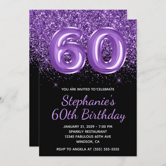 Funkelnd Royal Lila Glitzer Black Number 60 Einladung (Vorne/Hinten)