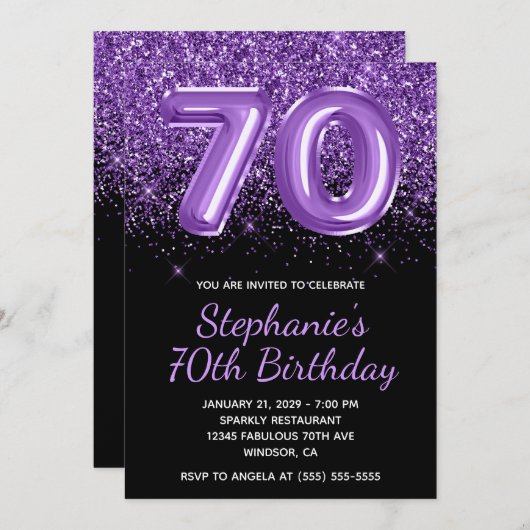 Funkelnd Royal Lila Glitzer Black Number 70 Einladung (Vorne/Hinten)