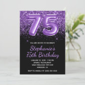 Funkelnd Royal Lila Glitzer Black Number 75 Einladung (Stehend Vorderseite)
