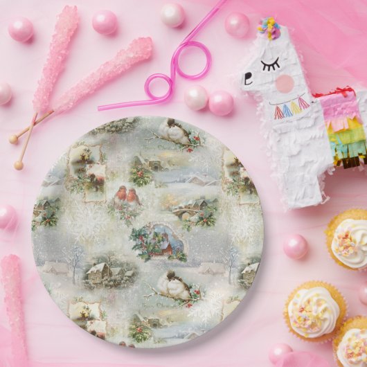 Funkelnd Rustikale Weihnachtsszenen Collage Pappteller (Party)