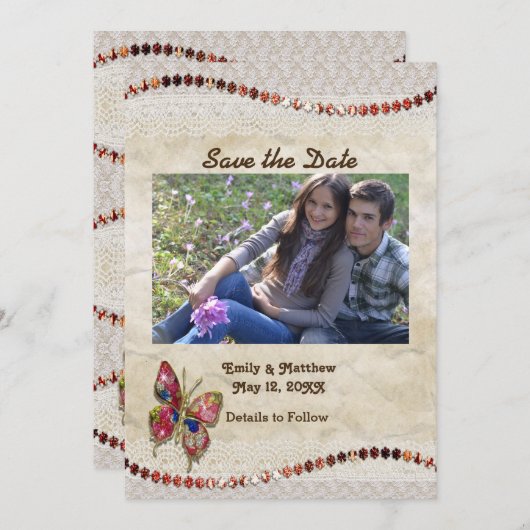 Funkelnd Schmetterling, Spitzen und Pergament Save Save The Date (Vorne/Hinten)