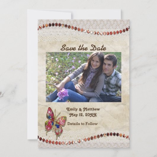 Funkelnd Schmetterling, Spitzen und Pergament Save The Date (Vorderseite)