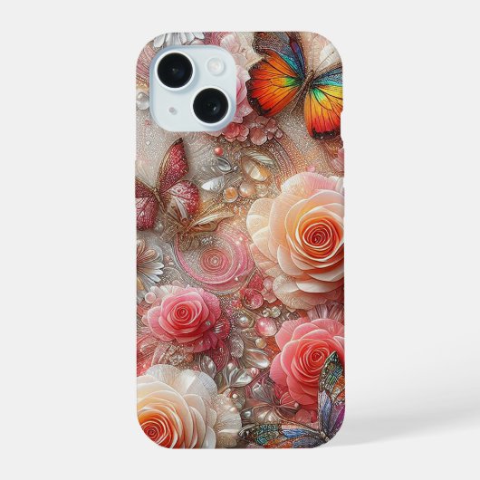 Funkelnd Schmetterlinge und Rose iPhone 15 Hülle (Rückseite)