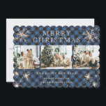 Funkelnd Schneeflocke Blue Buffalo Karierte Fotola Feiertagskarte<br><div class="desc">Schöne blaue Büffel karierte Foto Collage Urlaubskarte mit Schneeflocken und Sternen. Personalisieren Sie diese niedliche Urlaubskarte einfach mit Ihren Fotos und Texten.</div>