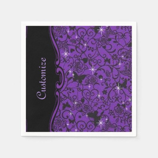 Funkelnd schwarze und Lila Schmetterlingsflora Nap Serviette (Vorderseite)