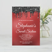 Funkelnd schwarzer Glitzer Dunkelrot-strahlender S Einladung (Stehend Vorderseite)