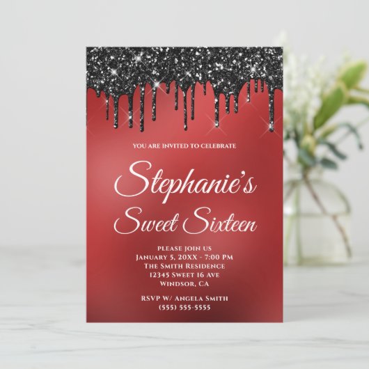 Funkelnd schwarzer Glitzer Dunkelrot-strahlender S Einladung (Stehend Vorderseite)