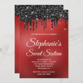 Funkelnd schwarzer Glitzer Dunkelrot-strahlender S Einladung (Vorne/Hinten)