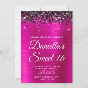 Funkelnd schwarzer Glitzer Hot Pink Foil Sweet 16 Einladung