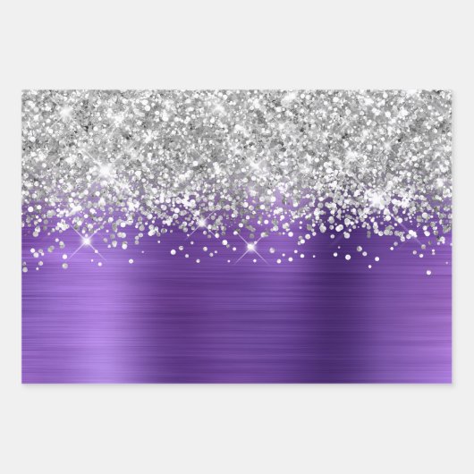 Funkelnd Silber Glitzer Amethyst Lila Imitate Foss Geschenkpapier Set (Vorderseite)