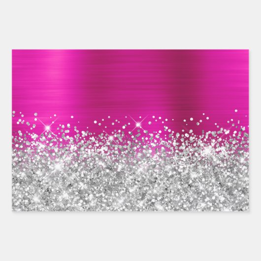 Funkelnd Silber Glitzer Hot Pink Imitate Fossil Geschenkpapier Set (Vorderseite 2)