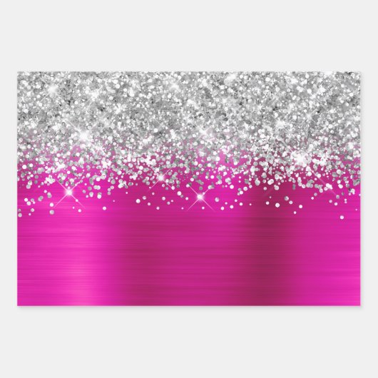 Funkelnd Silber Glitzer Hot Pink Imitate Fossil Geschenkpapier Set (Vorderseite 3)