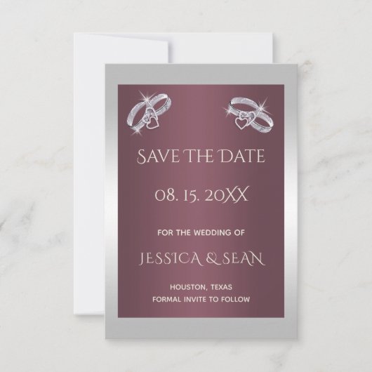 Funkelnd Silber Rings & Burgandy Save The Date (Vorderseite)