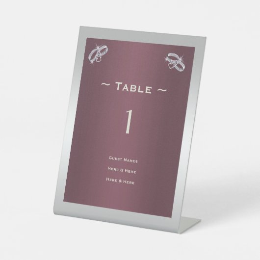 Funkelnd Silber Rings & Burgandy Tischnummer Sockelschild (Vorderseite)