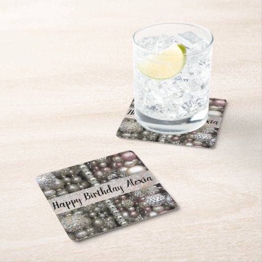 Funkelnd Silber- und rosa Perlen Rechteckiger Pappuntersetzer (Vor Ort)