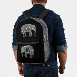 Funkelnd Silbermosaik Elephant Monogram auf schwar Bedruckter Rucksack