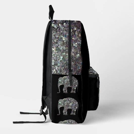 Funkelnd Silbermosaik Elephant Monogram auf schwar Bedruckter Rucksack (Links)