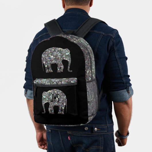Funkelnd Silbermosaik Elephant Monogram auf schwar Bedruckter Rucksack (Insitu (Modell))