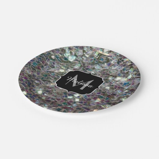 Funkelnd Silbermosaik Monogramm Pappteller (Schrägansicht)