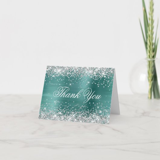 Funkelnd Silberne Imitate Glitzer Aqua Aquamarin Dankeskarte (Vorderseite)