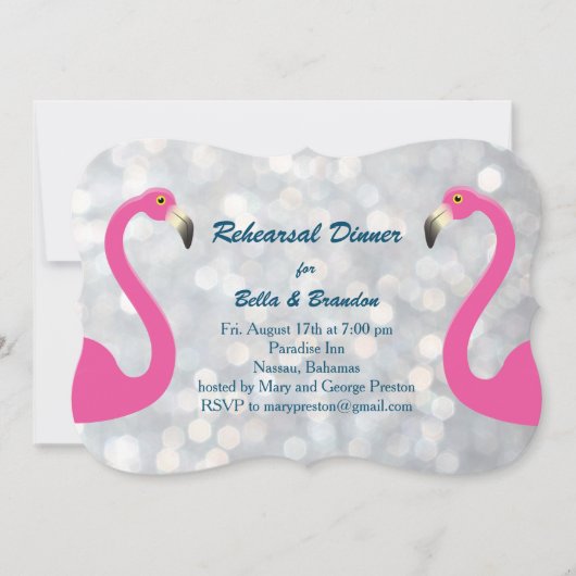 Funkelnd Silbernen Flamingo Probe Abendessen Einla Einladung (Vorderseite)