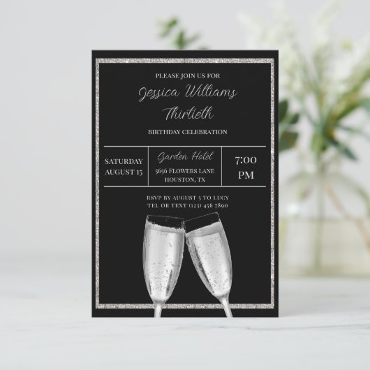 Funkelnd Silberner Glitzer, Champagner Geburtstag Einladung (Stehend Vorderseite)
