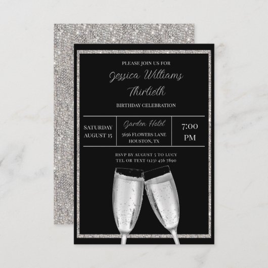 Funkelnd Silberner Glitzer, Champagner Geburtstag Einladung (Vorne/Hinten)