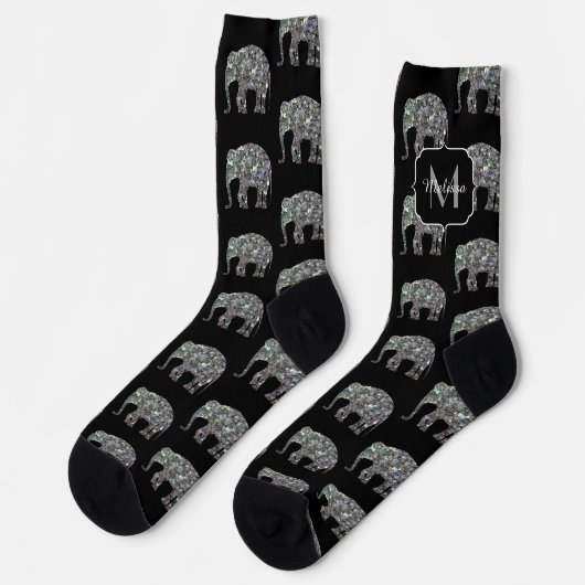 Funkelnd silberner Glitzer Elephantenmuster Monogr Socken (Linkes Detail)