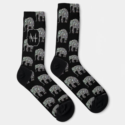 Funkelnd silberner Glitzer Elephantenmuster Monogr Socken (Rechts)