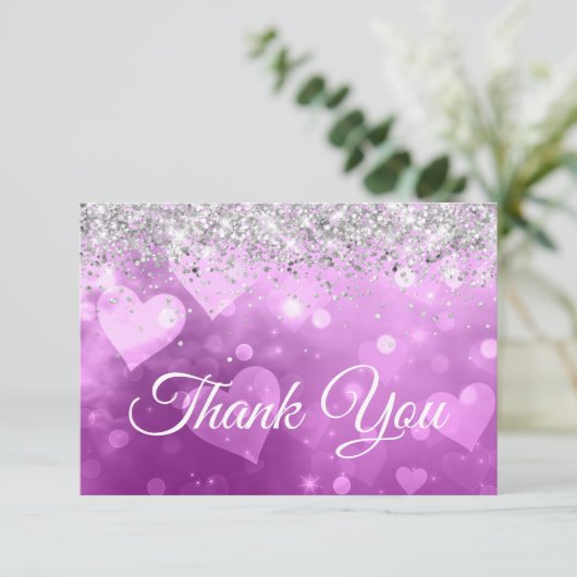 Funkelnd Silberner Glitzer Lavender Gradient Heart Dankeskarte (Stehend Vorderseite)