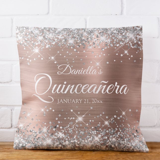 Funkelnd Silberner Glitzer Rose Gold Fossilien Qui Kissen (Sparkly Silver Glitter Rose Gold Foil Quinceañera Throw Pillow)