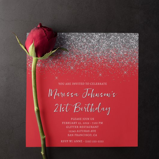 Funkelnd Silberner Glitzer Rot 21. Geburtstag Einladung