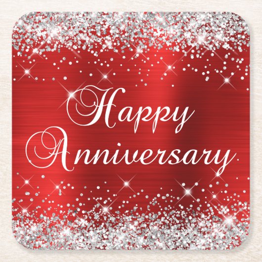 Funkelnd Silberner Glitzer Roter Film glücklicher Rechteckiger Pappuntersetzer (Vorderseite)