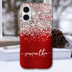 Funkelnd Silberner Glitzer Roter Glam Name iPhone 16 Hülle