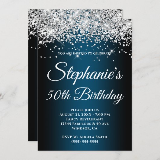 Funkelnd Silberner Glitzer Schwarzer Ozean Blauer  Einladung (Vorne/Hinten)
